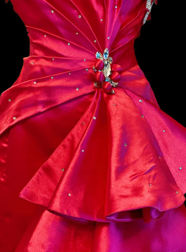 Sheath One Shoulder Satin Hot Pink Long  Evening Dresses With Rhinestones