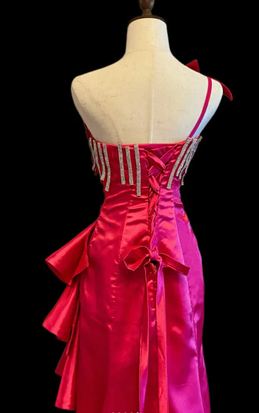 Sheath One Shoulder Satin Hot Pink Long  Evening Dresses With Rhinestones