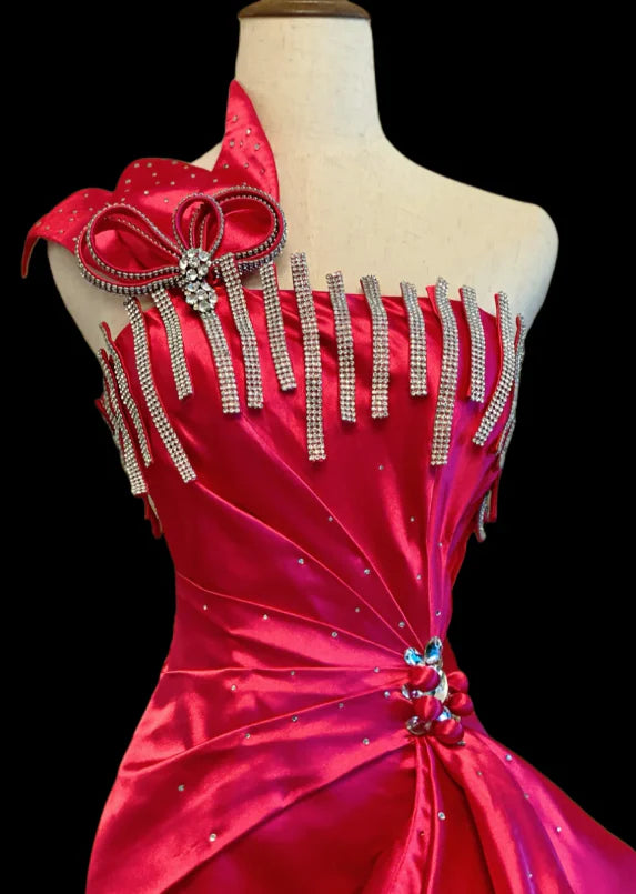 Sheath One Shoulder Satin Hot Pink Long  Evening Dresses With Rhinestones