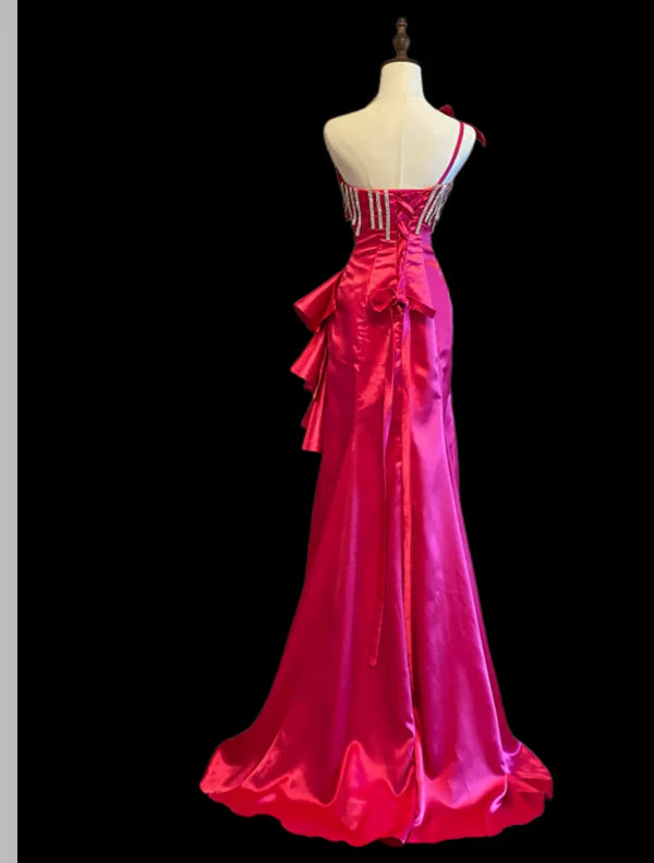 Sheath One Shoulder Satin Hot Pink Long  Evening Dresses With Rhinestones