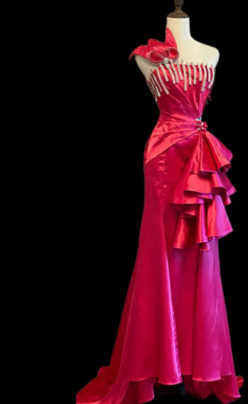 Sheath One Shoulder Satin Hot Pink Long  Evening Dresses With Rhinestones