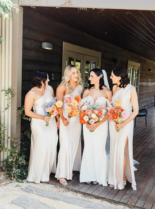 Sheath One Shoulder Satin Ivory Bridesmaid Dress With Side Slit