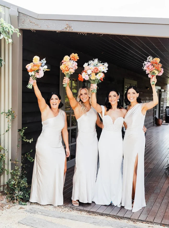 Sheath One Shoulder Satin Ivory Bridesmaid Dress With Side Slit