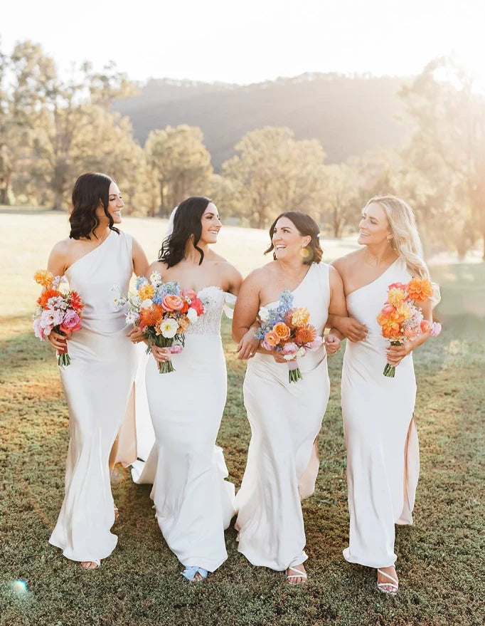 Sheath One Shoulder Satin Ivory Bridesmaid Dress With Side Slit