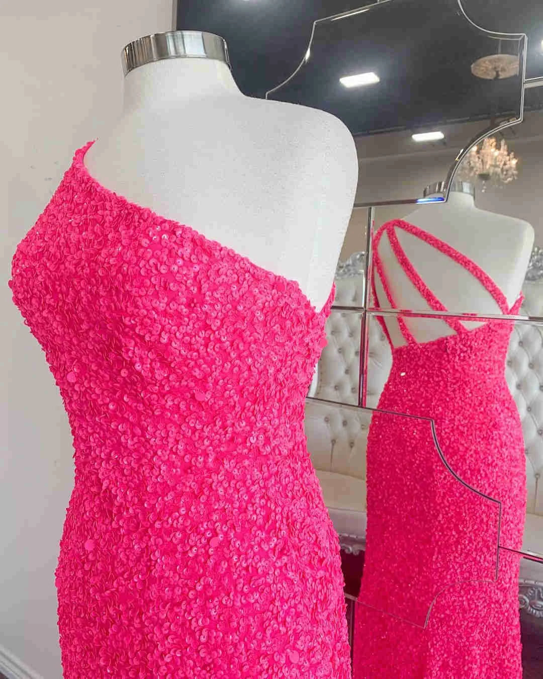 Sheath One Shoulder Sequin Hot Pink Long Prom Dress With Slit