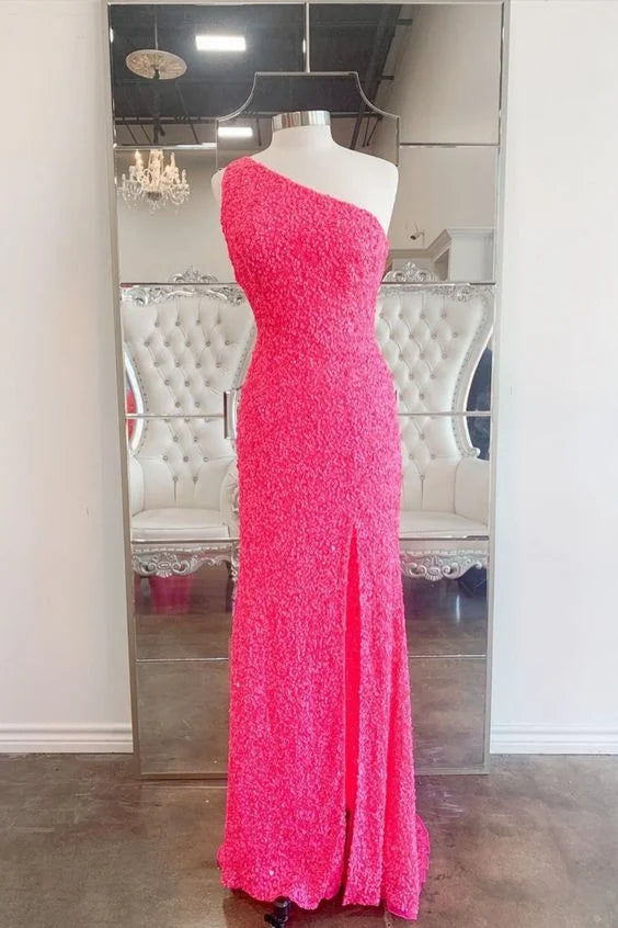 Sheath One Shoulder Sequin Hot Pink Long Prom Dress With Slit