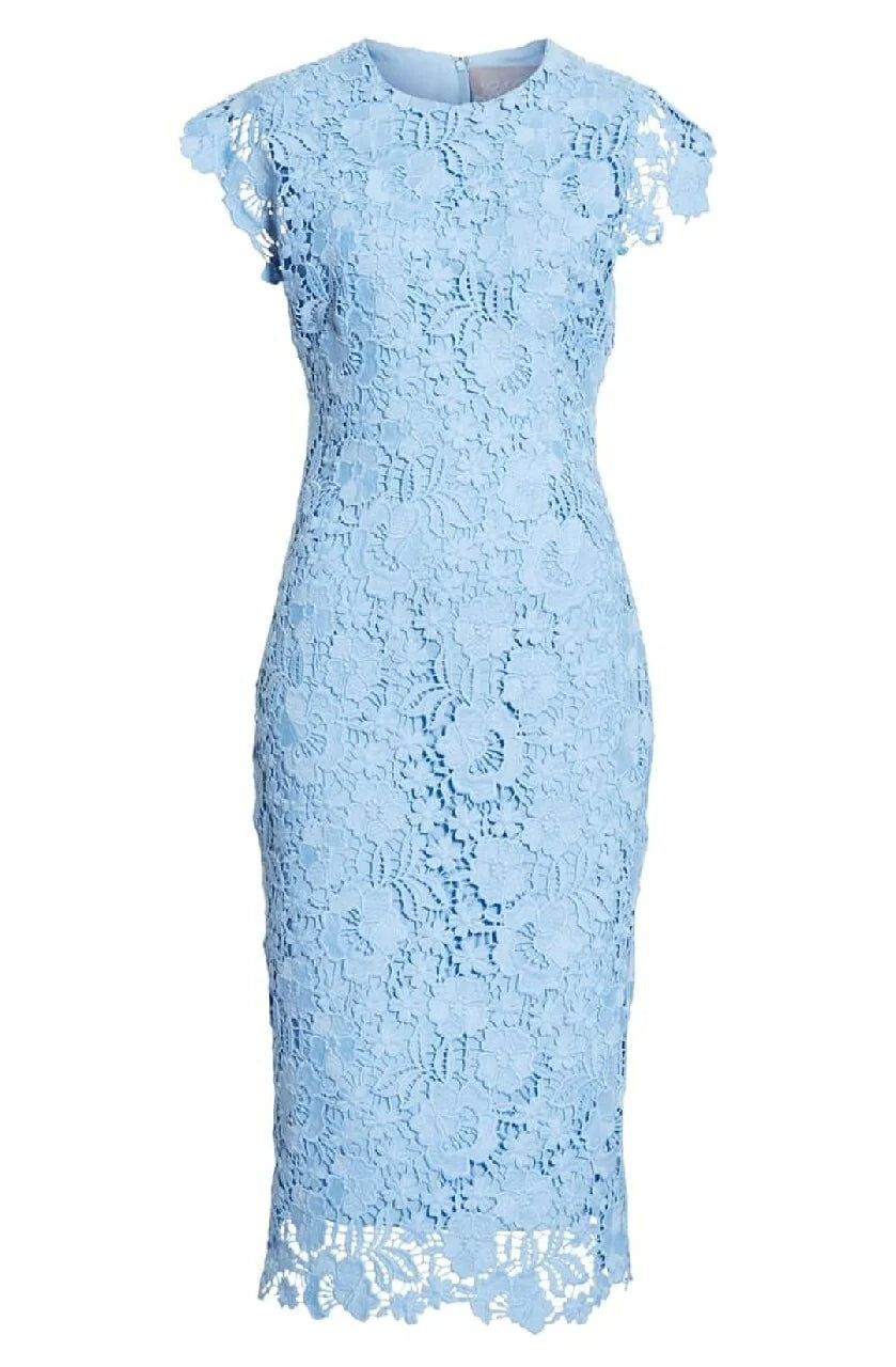 Sheath Round Neck Cap Sleeve Floral Lace Blue Midi Prom Dress