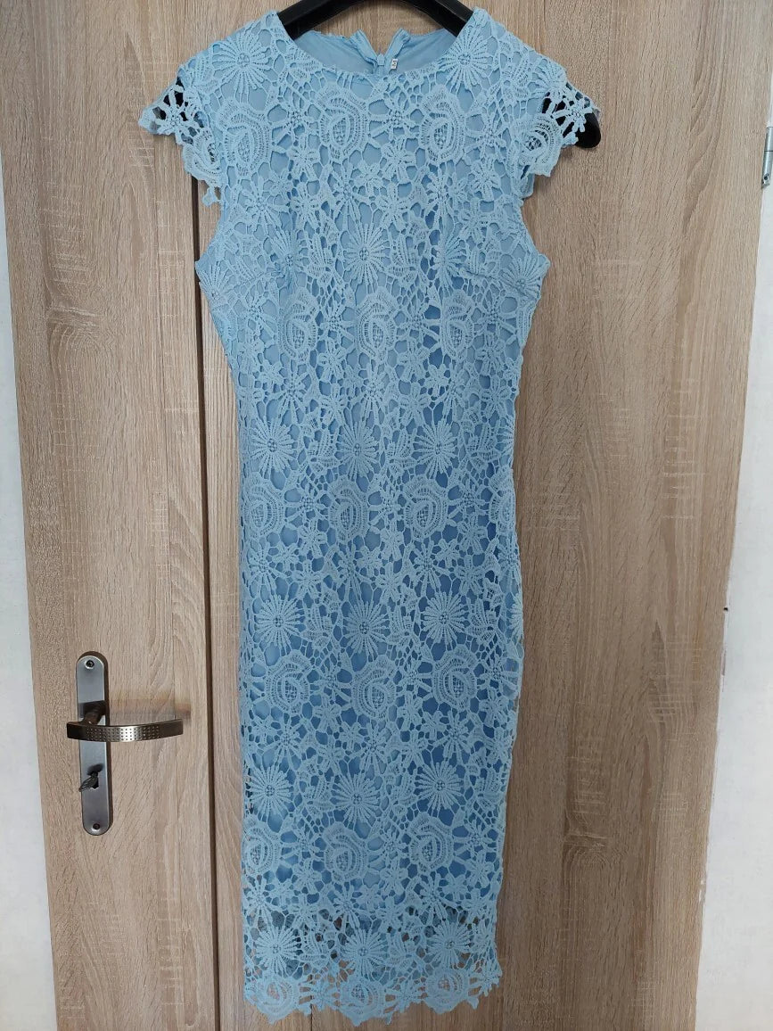 Sheath Round Neck Cap Sleeve Floral Lace Blue Midi Prom Dress