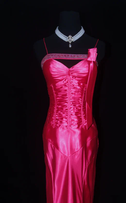 Sheath Spaghetti Strap Beaded Satin Hot Pink Long Prom Dresses Evening Dresses