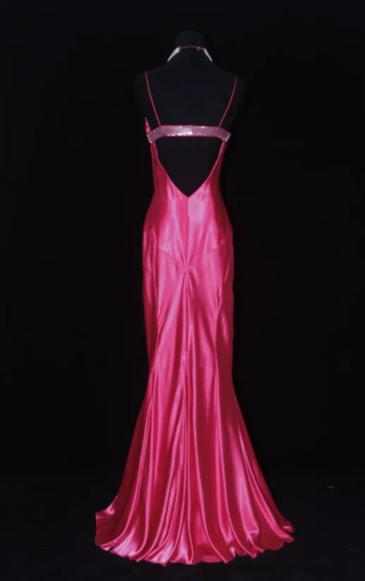 Sheath Spaghetti Strap Beaded Satin Hot Pink Long Prom Dresses Evening Dresses