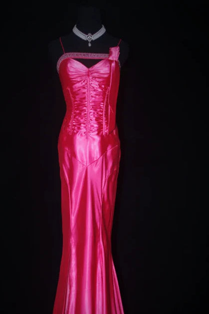 Sheath Spaghetti Strap Beaded Satin Hot Pink Long Prom Dresses Evening Dresses