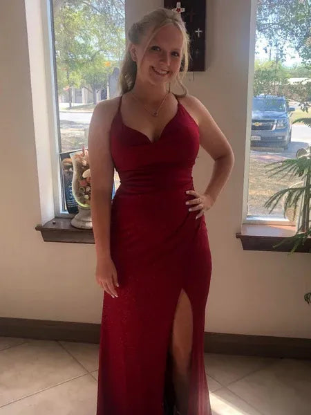 Sheath Spaghetti Strap Cowl Lace-Up Back Red Long Prom Dress With Split