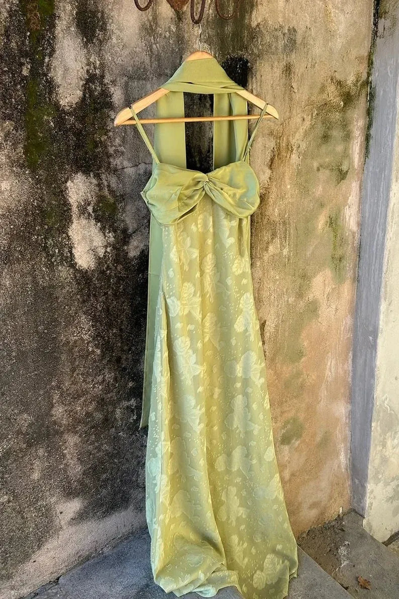 Sheath Spaghetti Strap Jacquard Sage Green Long Prom Dress With Scarf