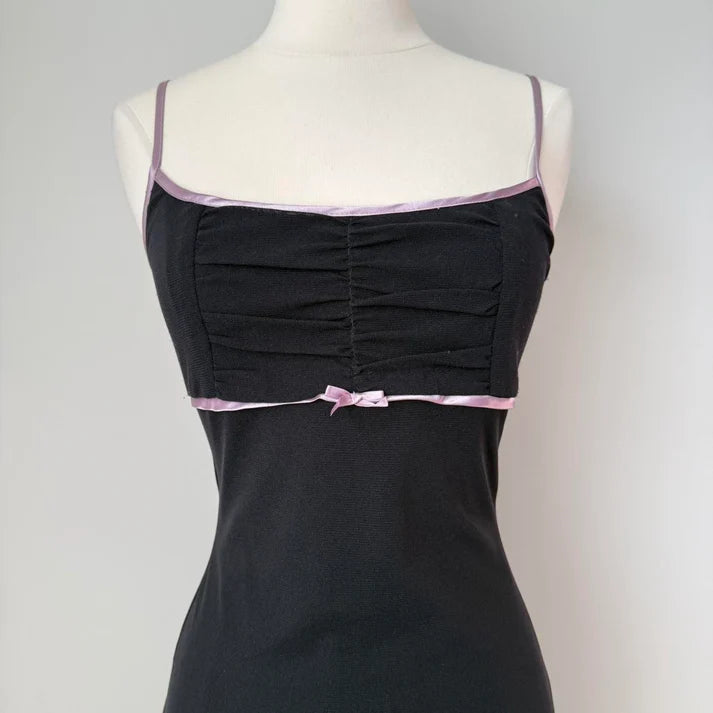 Sheath Spaghetti Strap Pleated Bow Chiffon Black Short Party Dress