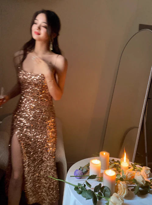 Sheath Spaghetti Strap Sequins Gold Long Evening Dress With Slit