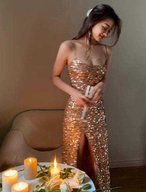 Sheath Spaghetti Strap Sequins Gold Long Evening Dress With Slit