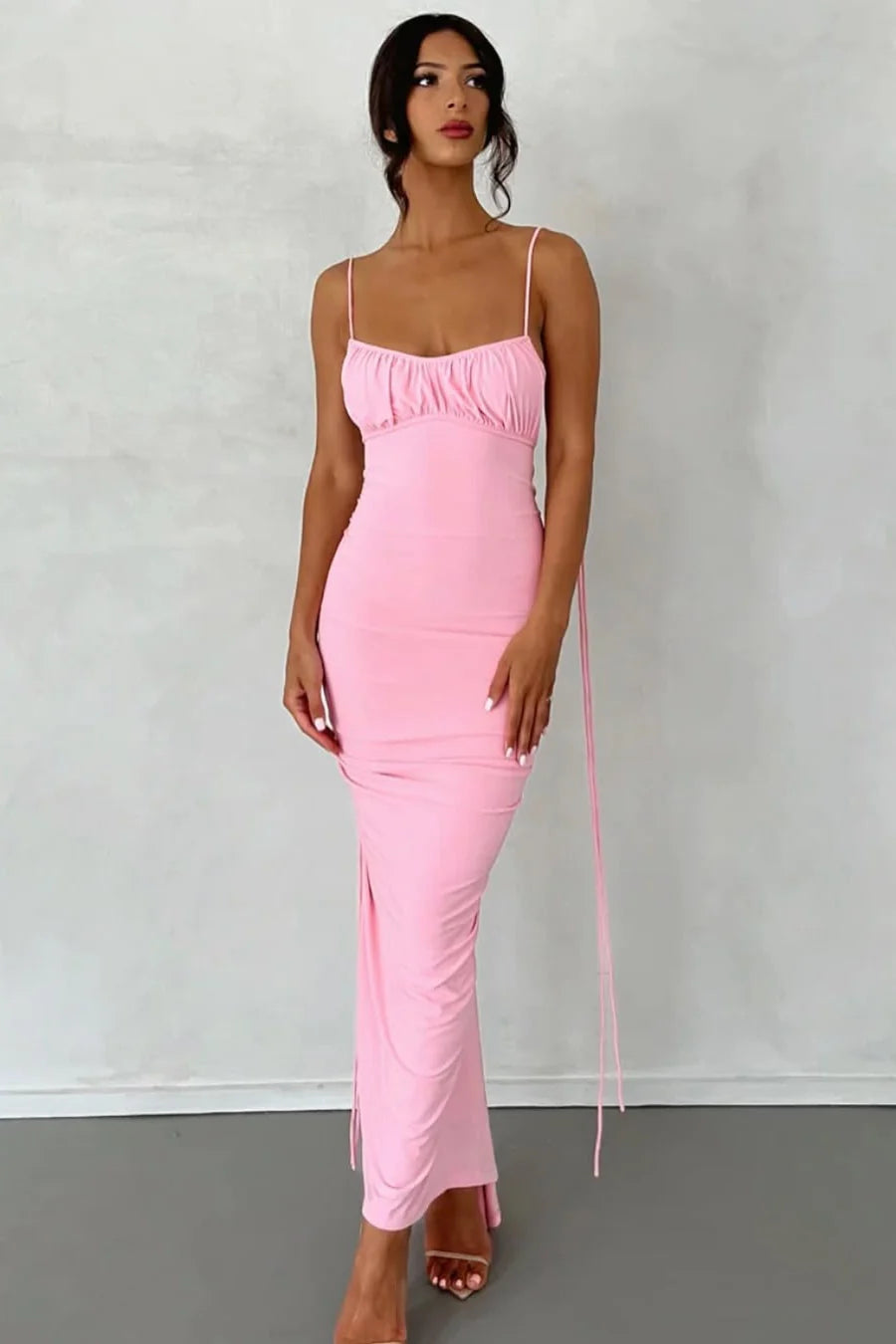 Sheath Spaghetti Straps Backless Pink Tea Length Prom Dress Party Dress