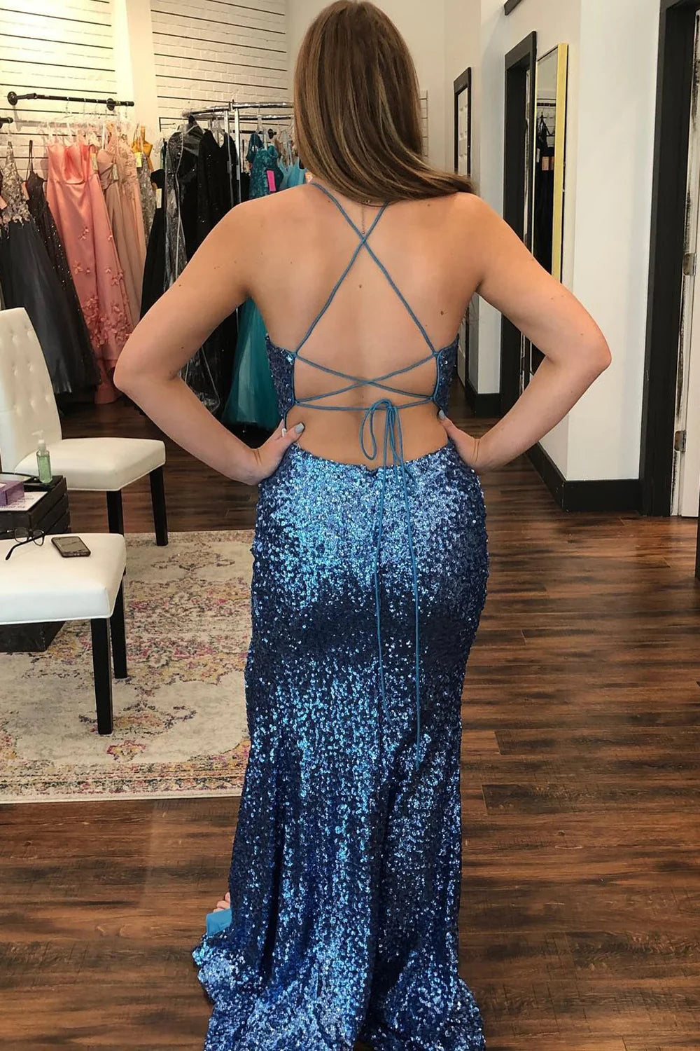 Sheath Spaghetti Straps Criss-Cross Back Sequined Navy Prom Dress