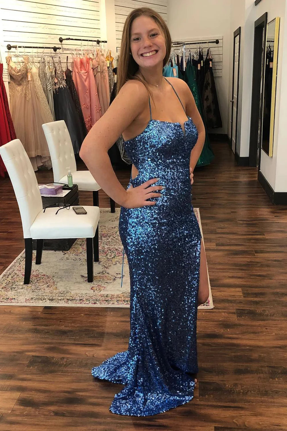 Sheath Spaghetti Straps Criss-Cross Back Sequined Navy Prom Dress