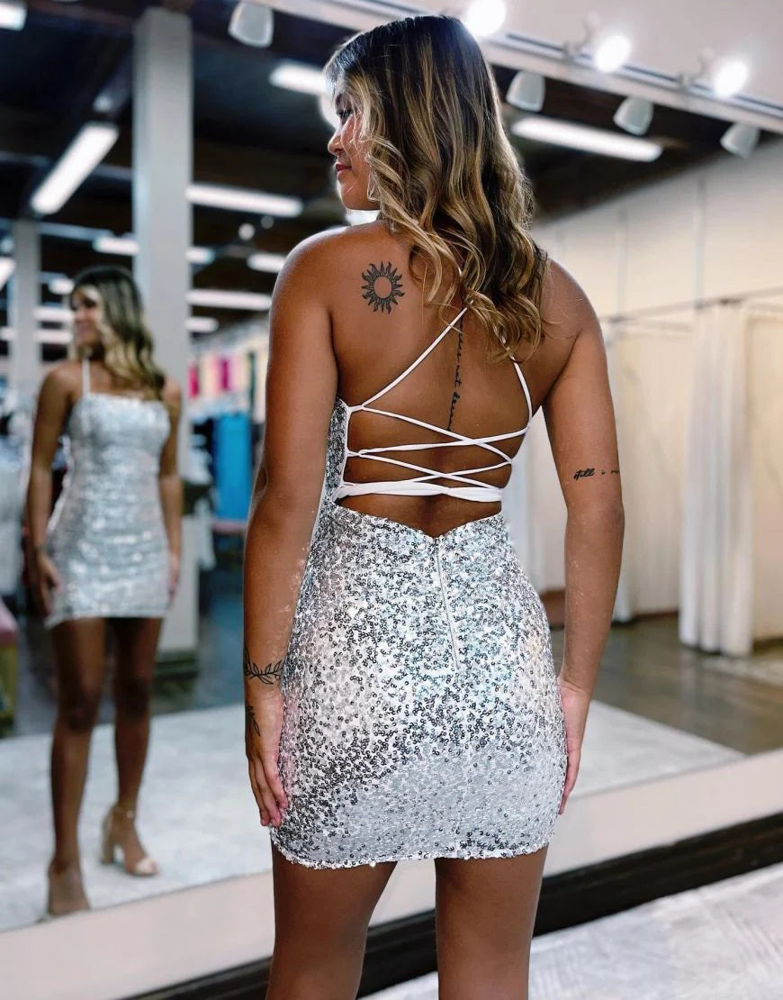 Sheath Spaghetti Straps Criss Cross Back Sequins Silver Homecoming Dress