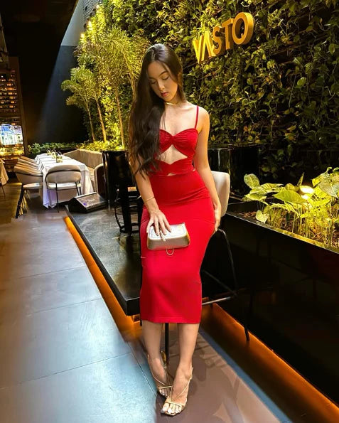 Sheath Spaghetti Straps Keyhole Cutout Red Midi Prom Dress Evening Dress