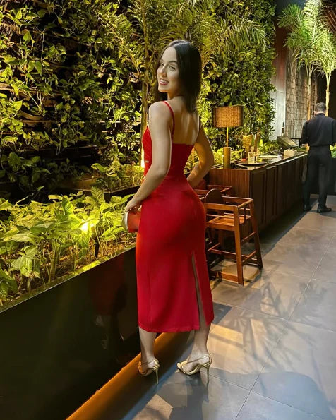 Sheath Spaghetti Straps Keyhole Cutout Red Midi Prom Dress Evening Dress