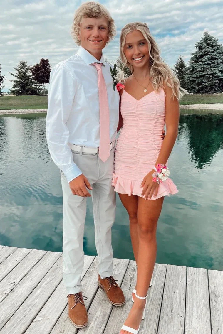 Sheath Spaghetti Straps Ruched Ruffle Pink Short Homecoming Dress
