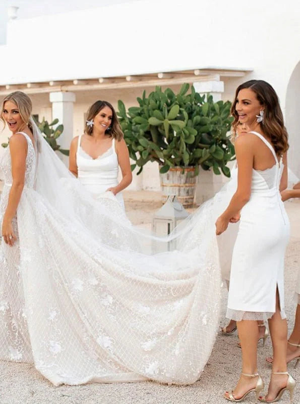 Sheath Spaghetti Straps White Knee Length Bridesmaid Dress With Back Slit