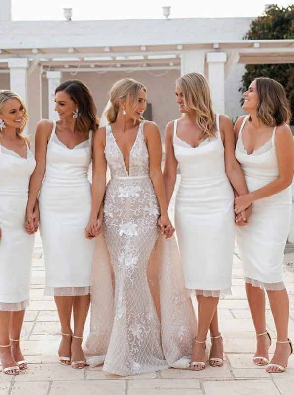 Sheath Spaghetti Straps White Knee Length Bridesmaid Dress With Back Slit