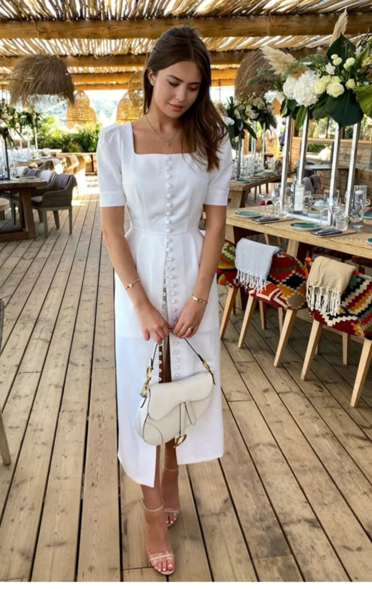 Sheath Square Neck Short Sleeves Buttons White Party Dress Prom Dress
