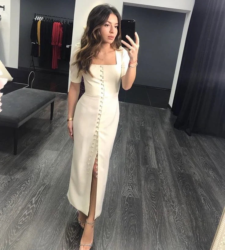 Sheath Square Neck Short Sleeves Buttons White Party Dress Prom Dress