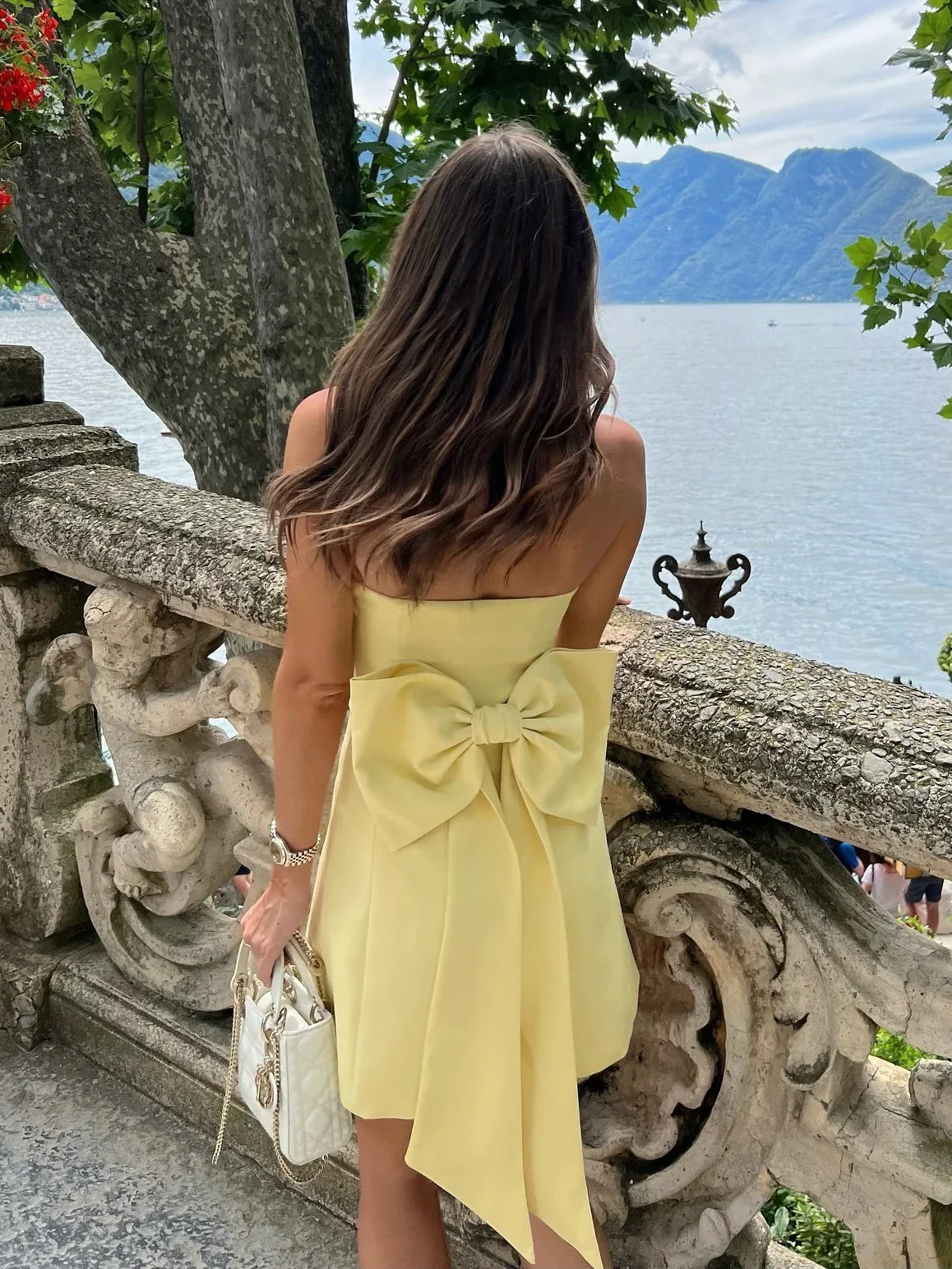 Sheath Strapless Satin Yellow Short Homecoming Dress With Back Bow