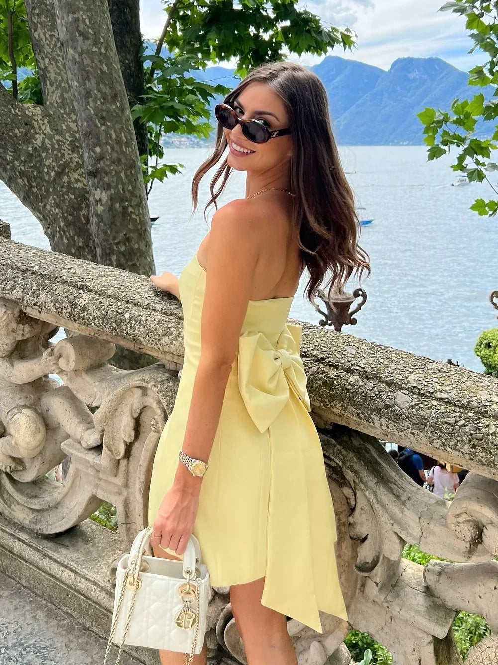 Sheath Strapless Satin Yellow Short Homecoming Dress With Back Bow