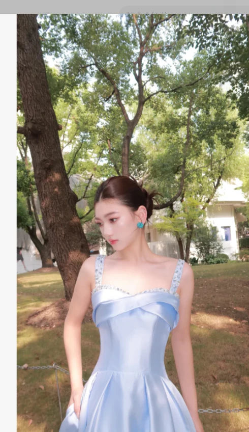 Sheath Sweetheart Beaded Satin Sky Blue Evening Dress With Pockets