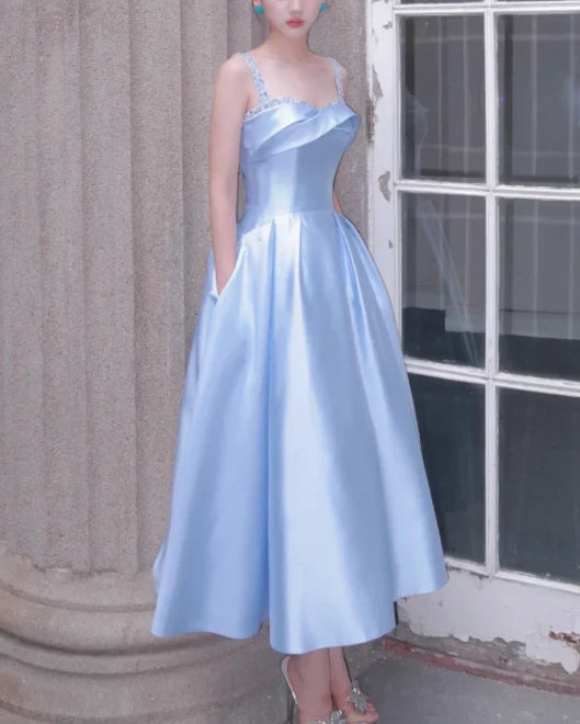 Sheath Sweetheart Beaded Satin Sky Blue Evening Dress With Pockets