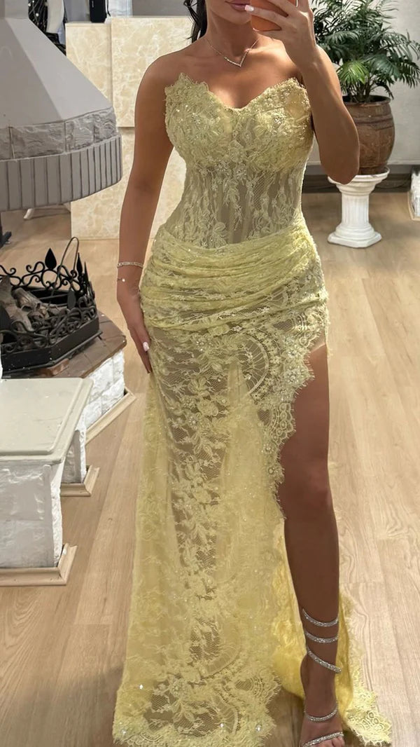 Sheath Sweetheart Corset Pleated Lace Yellow Prom Dress With Slit