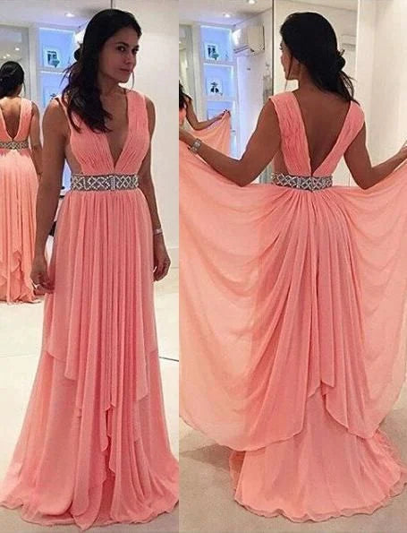 Sheath V-Neck Chiffon Pink Floor-Length Prom Dress Hot Sale
