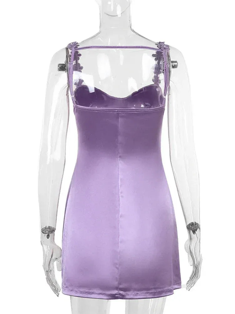 Sheath V-Neck Floral-Strap Open Back Satin Lavender Mini Homecoming Dress