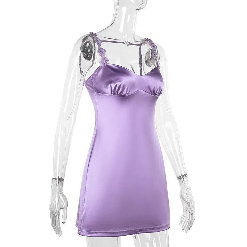 Sheath V-Neck Floral-Strap Open Back Satin Lavender Mini Homecoming Dress