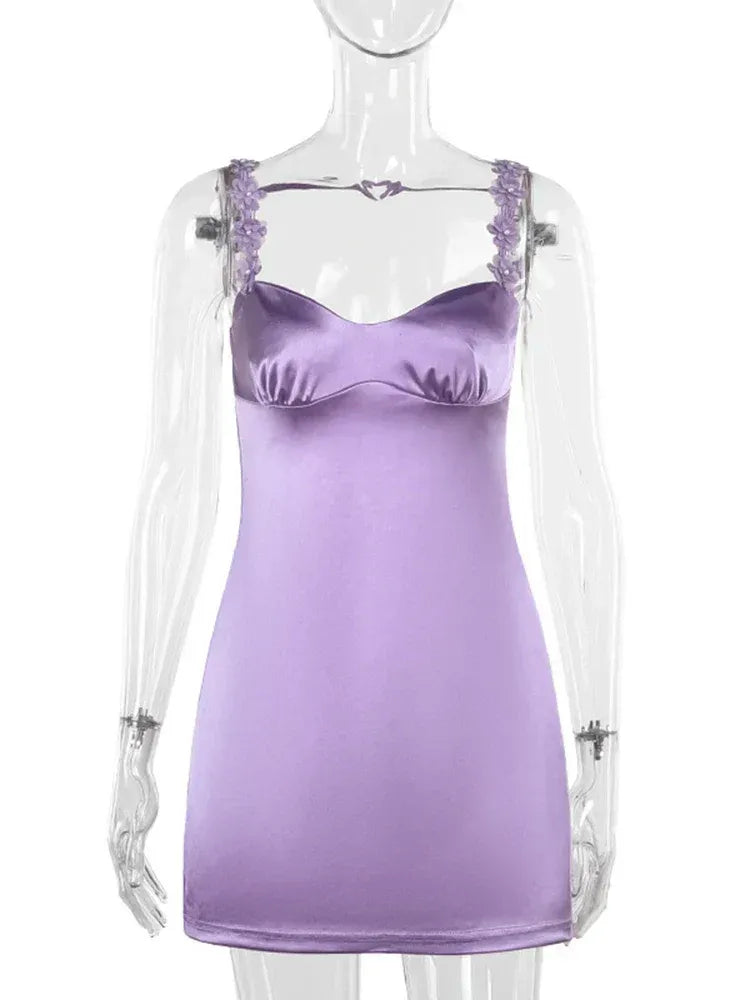 Sheath V-Neck Floral-Strap Open Back Satin Lavender Mini Homecoming Dress