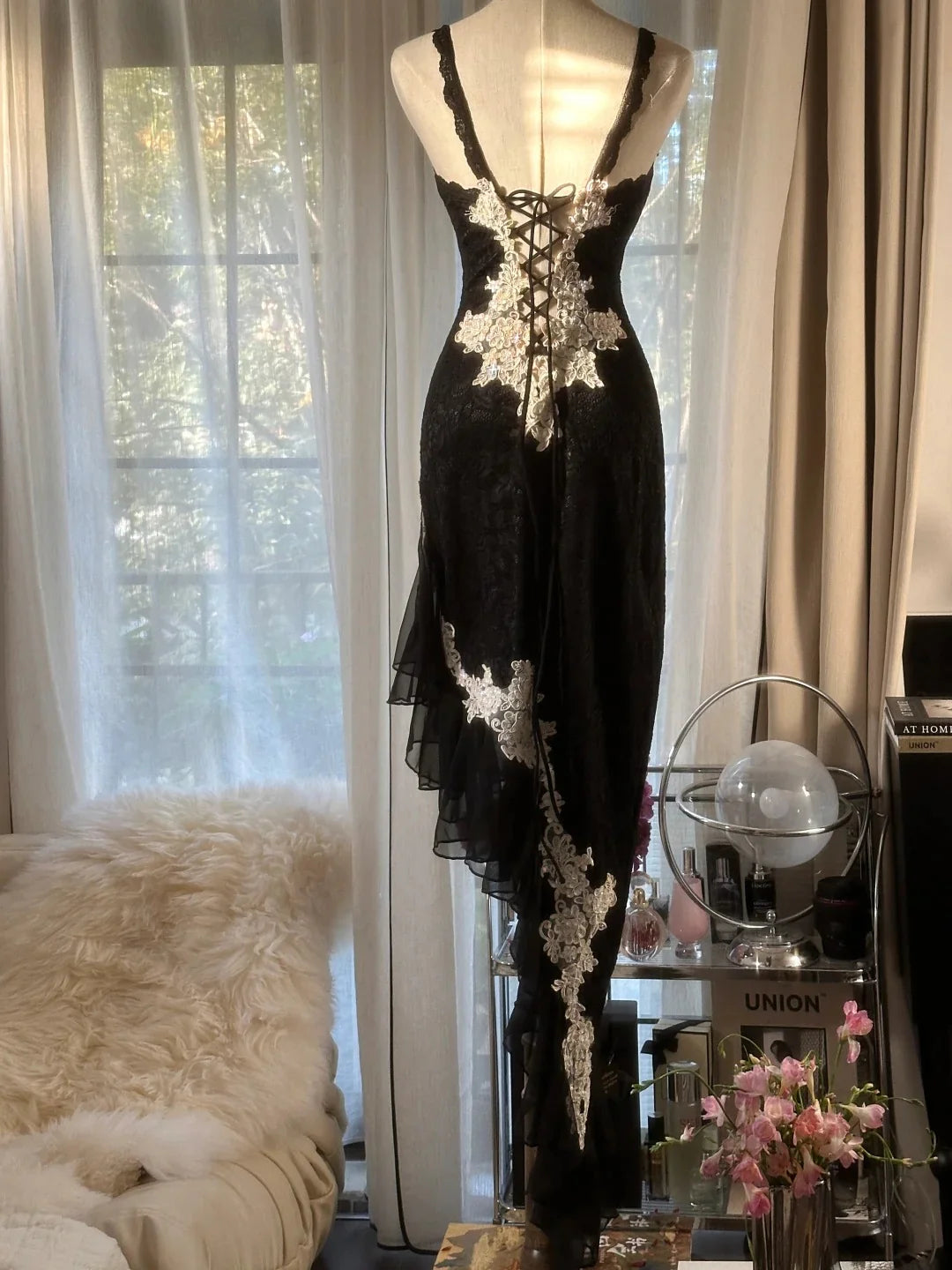 Sheath V Neck Applique Lace Black High Low Evening Dress Prom Dress