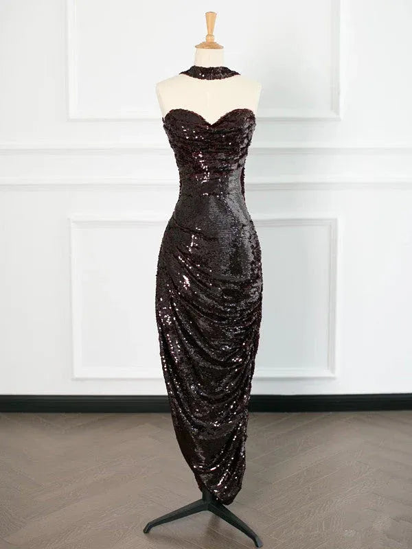 Shimmering Mermaid Sweetheart Sleeveless Fringe-Strap Burgundy Floor-Length Prom Dress for Women