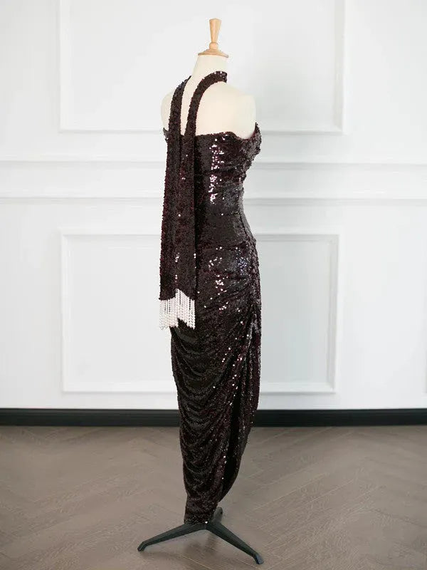 Shimmering Mermaid Sweetheart Sleeveless Fringe-Strap Burgundy Floor-Length Prom Dress for Women