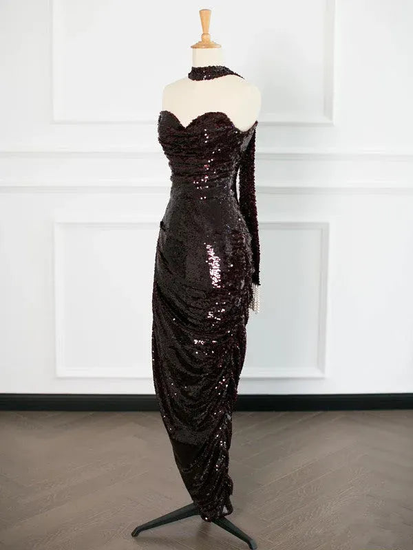 Shimmering Mermaid Sweetheart Sleeveless Fringe-Strap Burgundy Floor-Length Prom Dress for Women