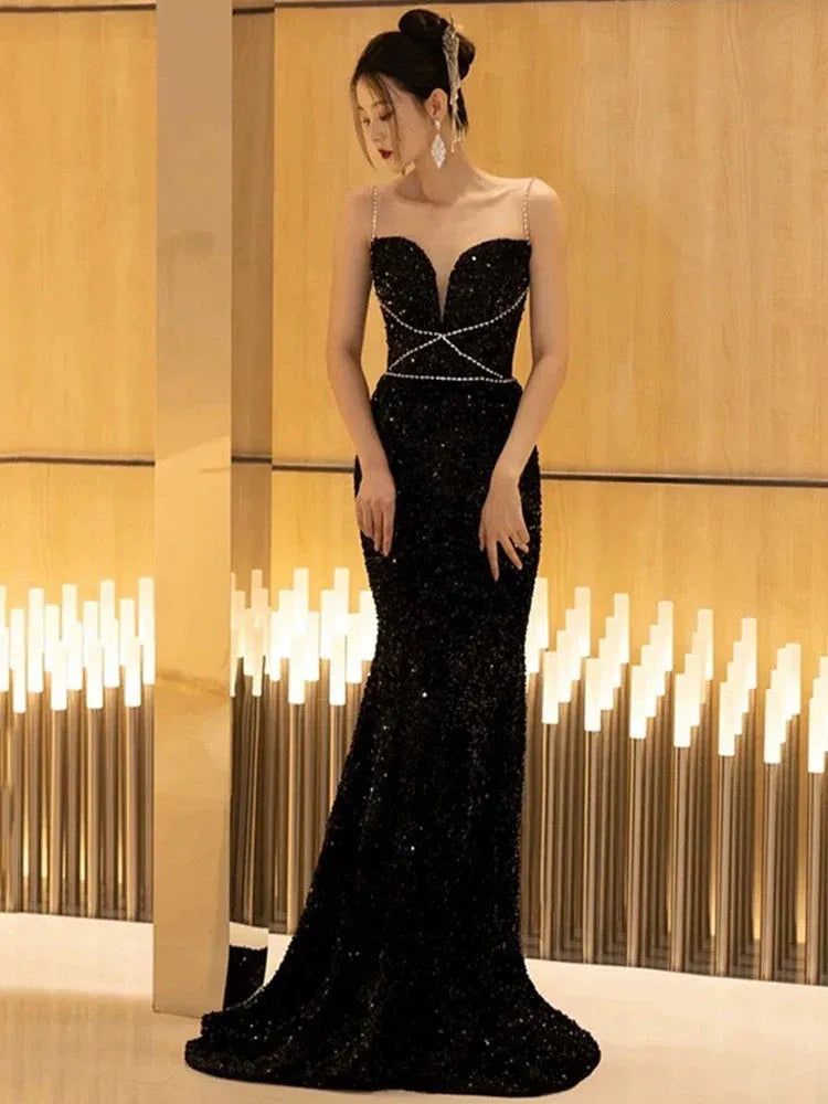 Shimmering Mermaid Sweetheart Sleeveless Pearl-Detail Sequin Black Floor-Length Prom Dress for Women