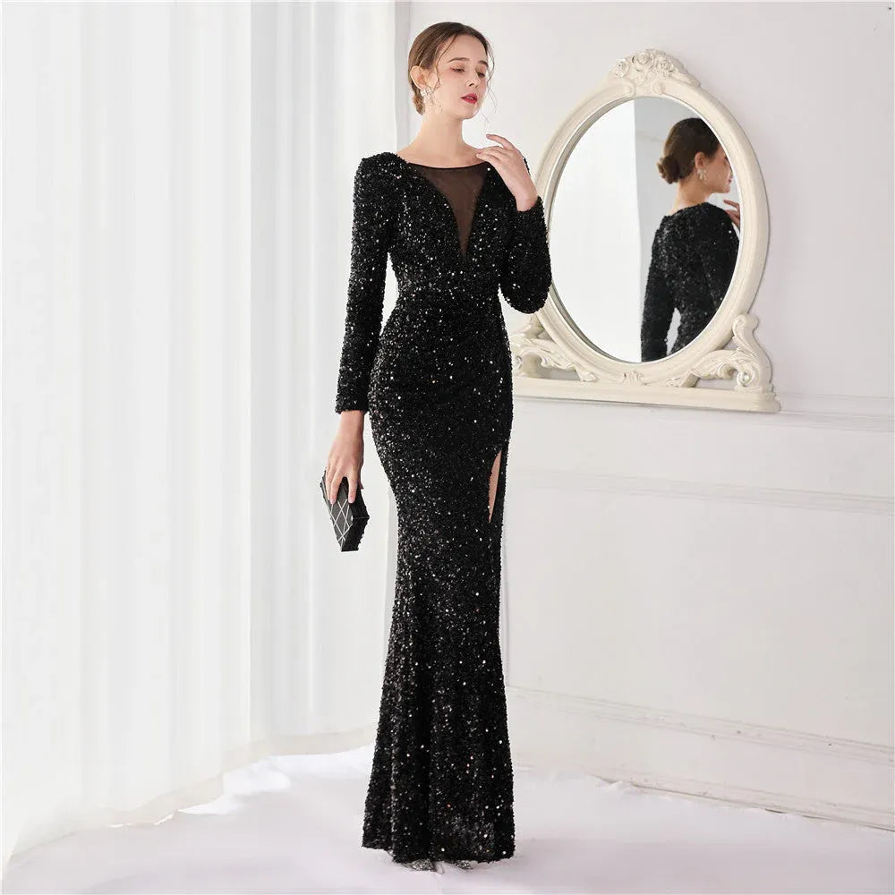 Shimmering Mermaid V-Neck Long-Sleeve Sequin Silver Floor-Length Prom Dress for Women