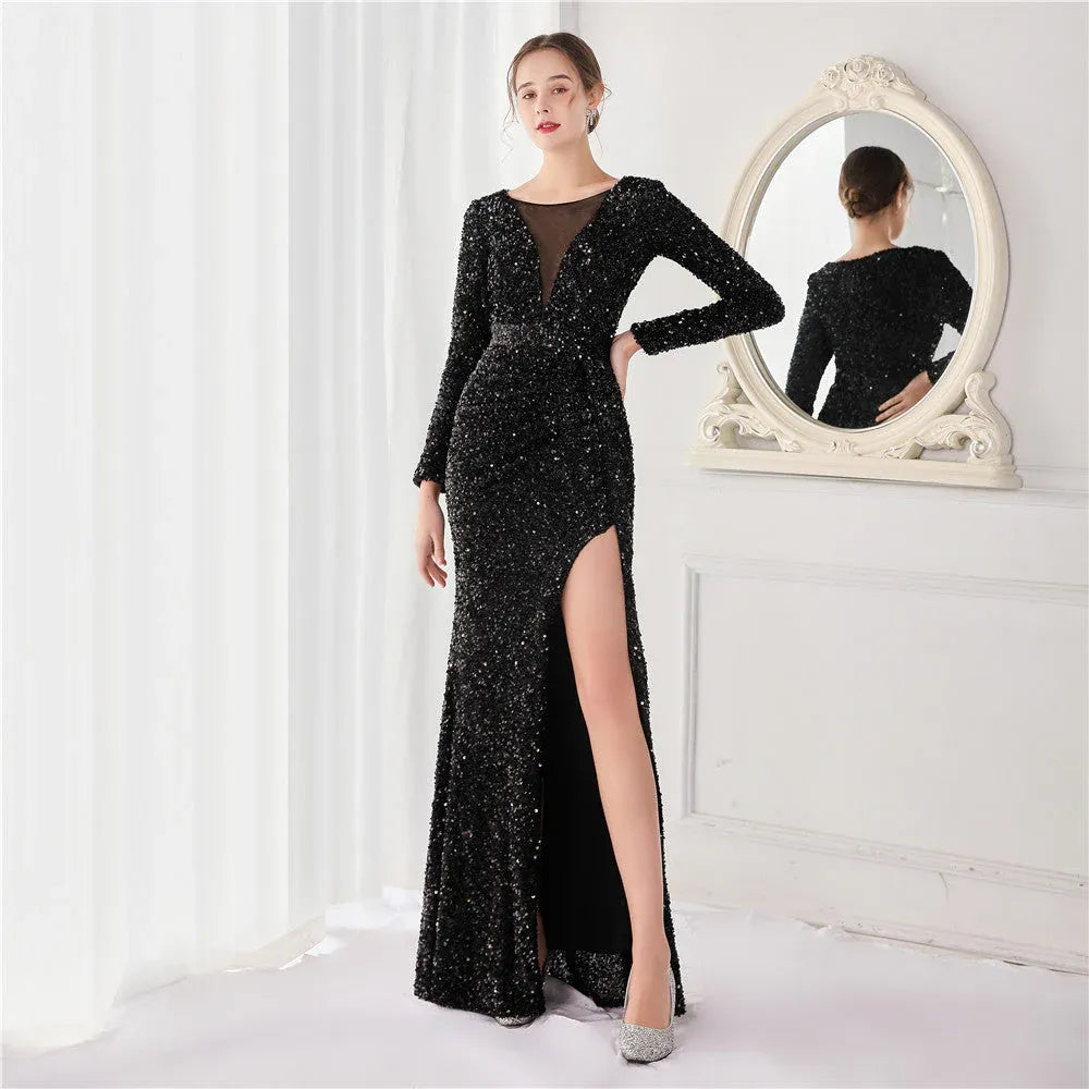 Shimmering Mermaid V-Neck Long-Sleeve Sequin Silver Floor-Length Prom Dress for Women