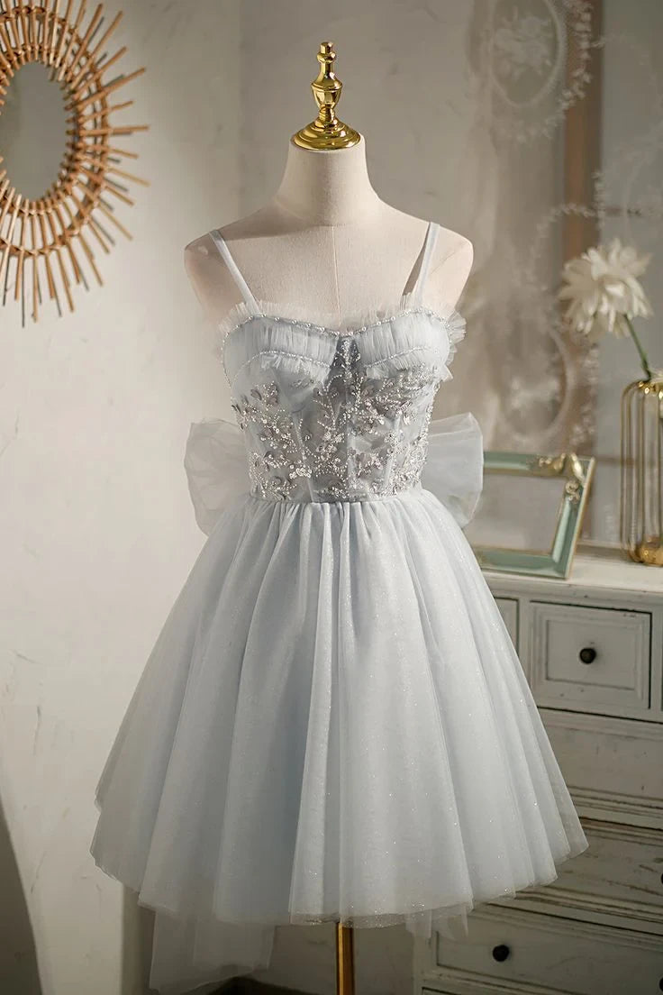 Shimmering A-Line Sweetheart Beaded Bow Tulle Light Blue Short Homecoming Dress
