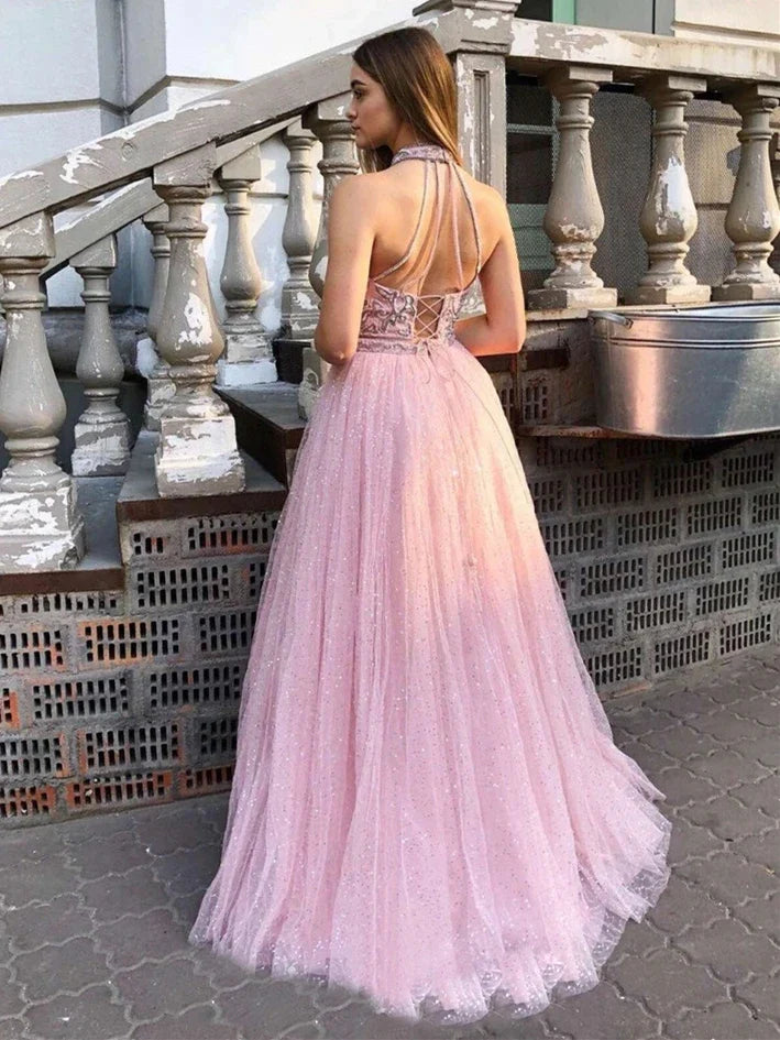 Shining A-line Halter Beaded Applique Tulle Pink Floor Length Prom Dress