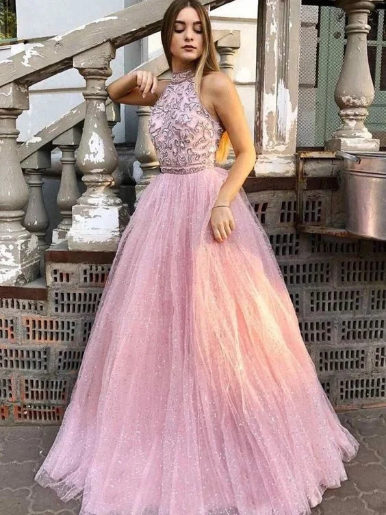 Shining A-line Halter Beaded Applique Tulle Pink Floor Length Prom Dress